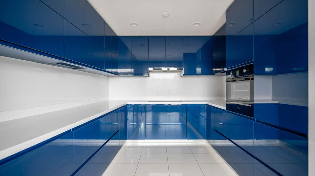 Cobalt blue high-gloss handleless cabinets with white countertops from a wide angle