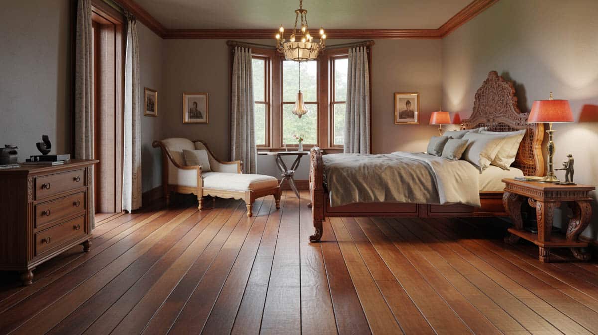 Contemporary bedroom with dark hickory hardwood floors and stone accent wall
