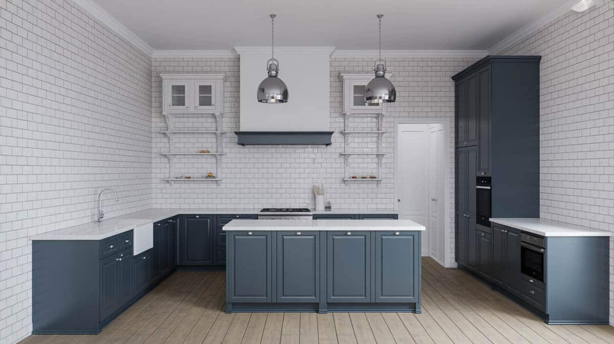 Dark steel blue cabinets with full-height subway tile walls and chrome pendants