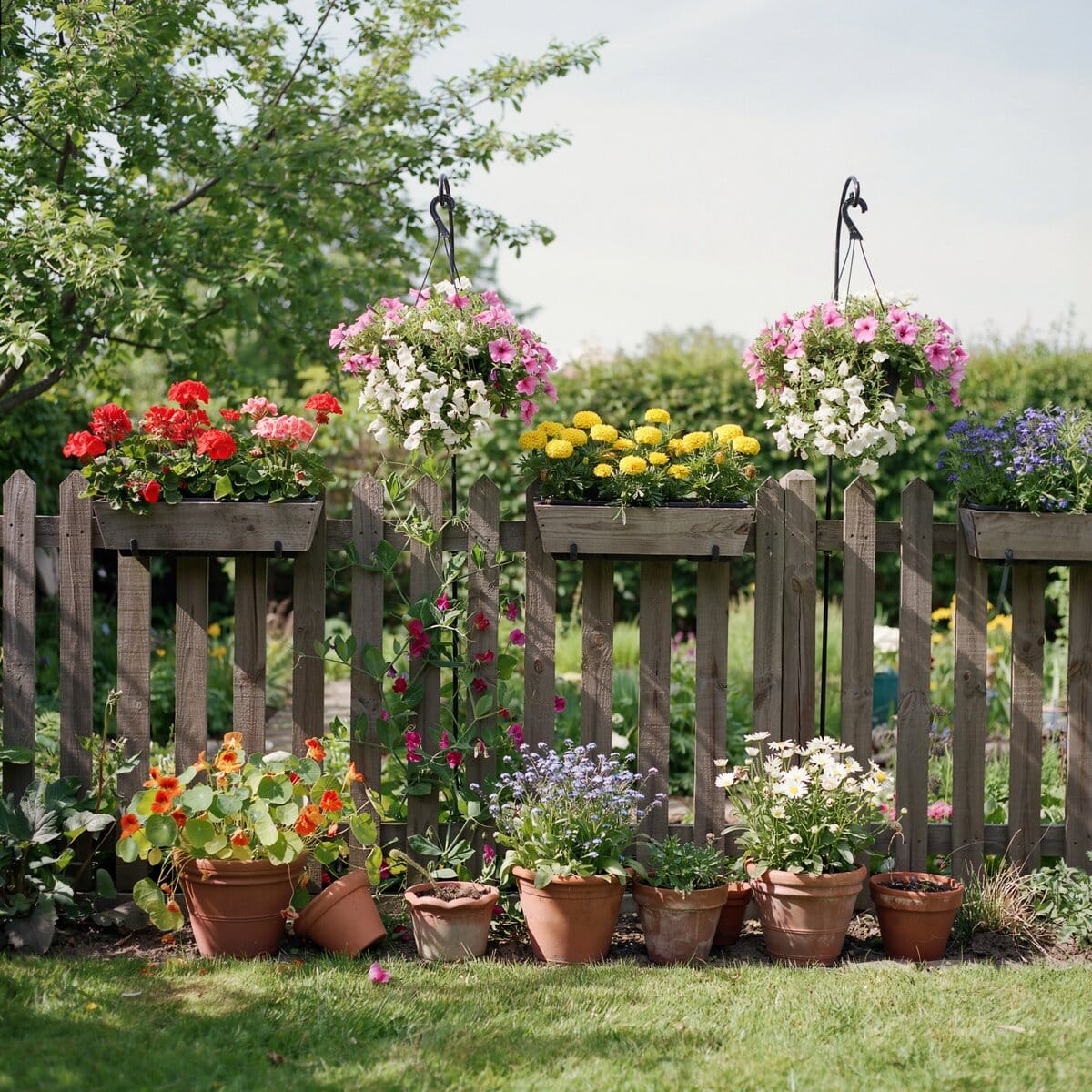 Wooden garden fence displaying hanging baskets rail planter boxes and terracotta pots full of blooms