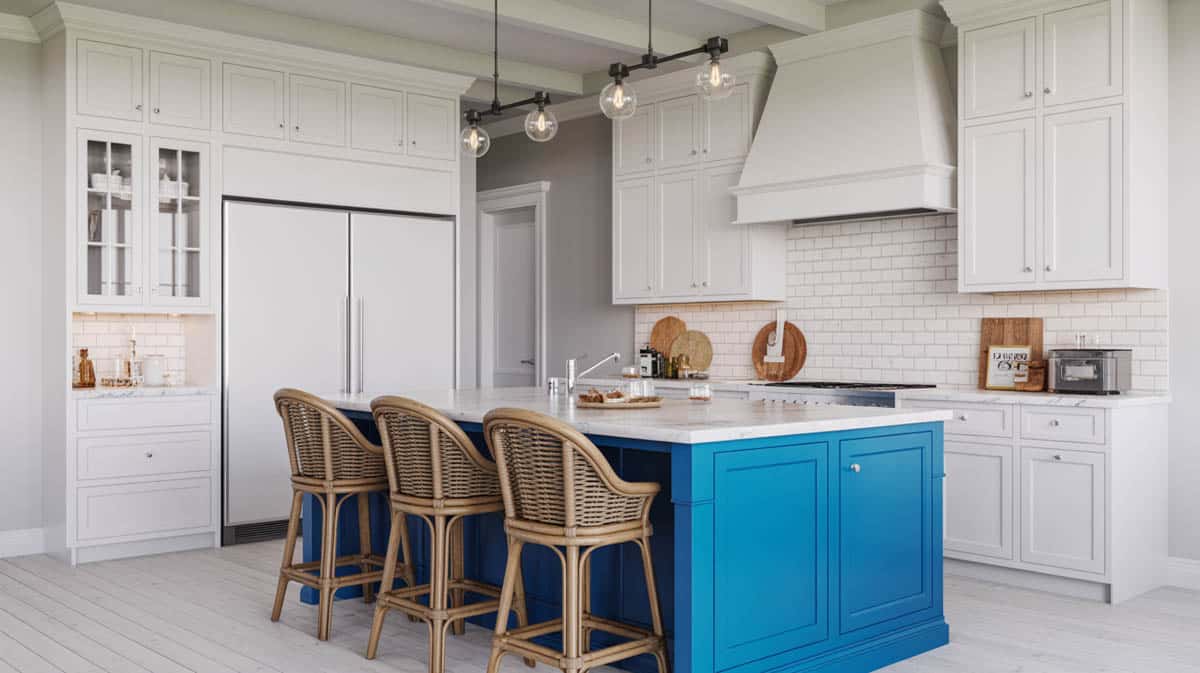 All-white beach kitchen with bold cobalt blue center island focal point