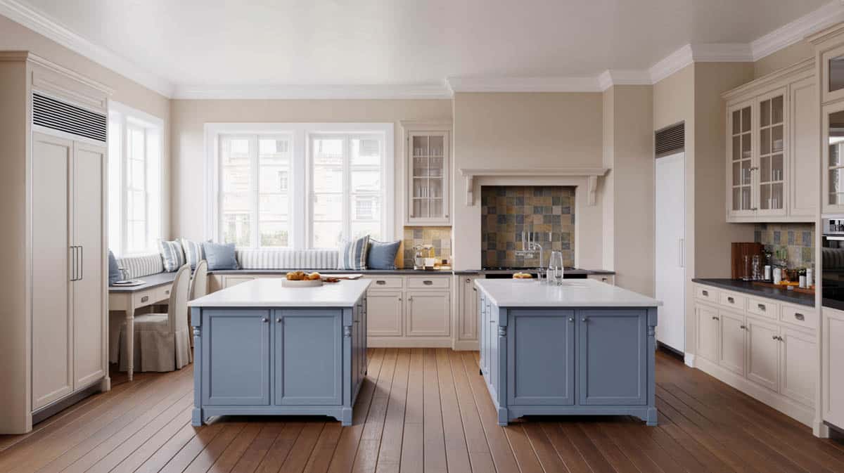 Expansive white kitchen with two summer blue islands and window seat nook