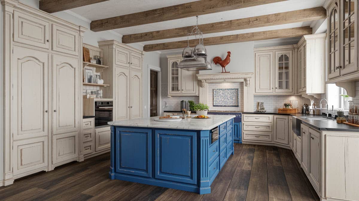 French provincial kitchen with exposed beams, brilliant blue island, and red rooster accent