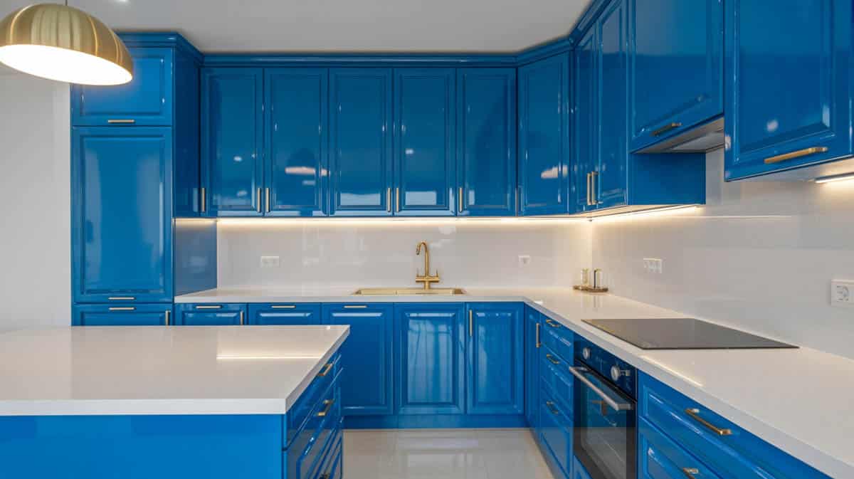 Modern kitchen with glossy blue cabinets and polished brass hardware