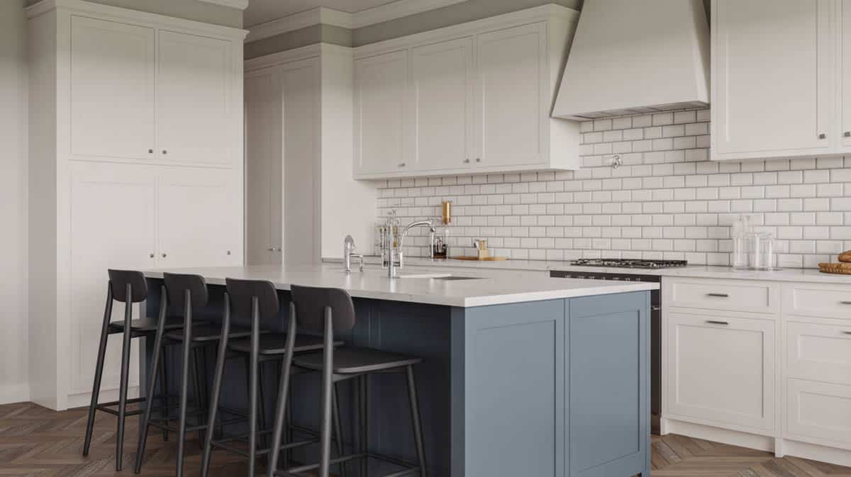 White kitchen with herringbone backsplash and slate blue peninsula with black stools