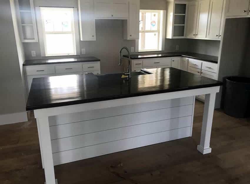 Kitchen with custom painted plank island