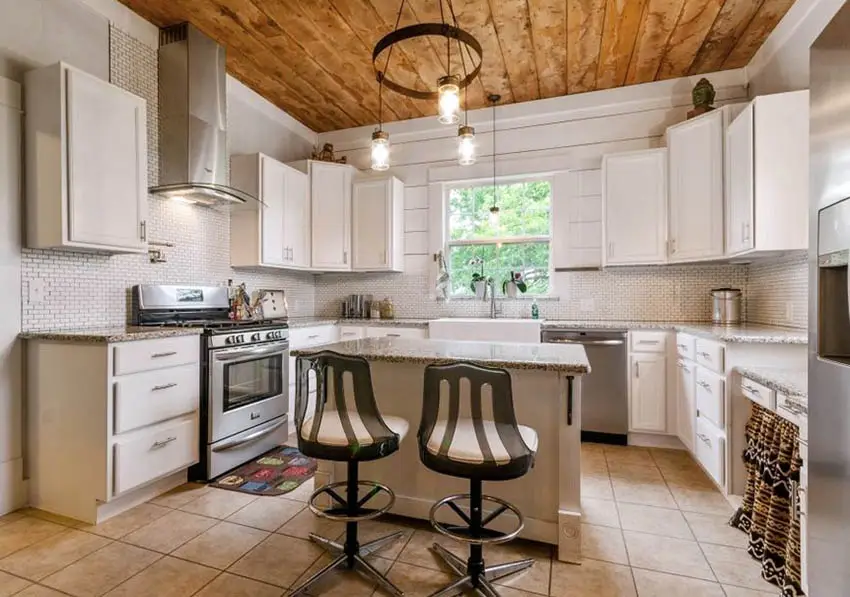Kitchen with mini tile, shiplap walls and ceiling panels