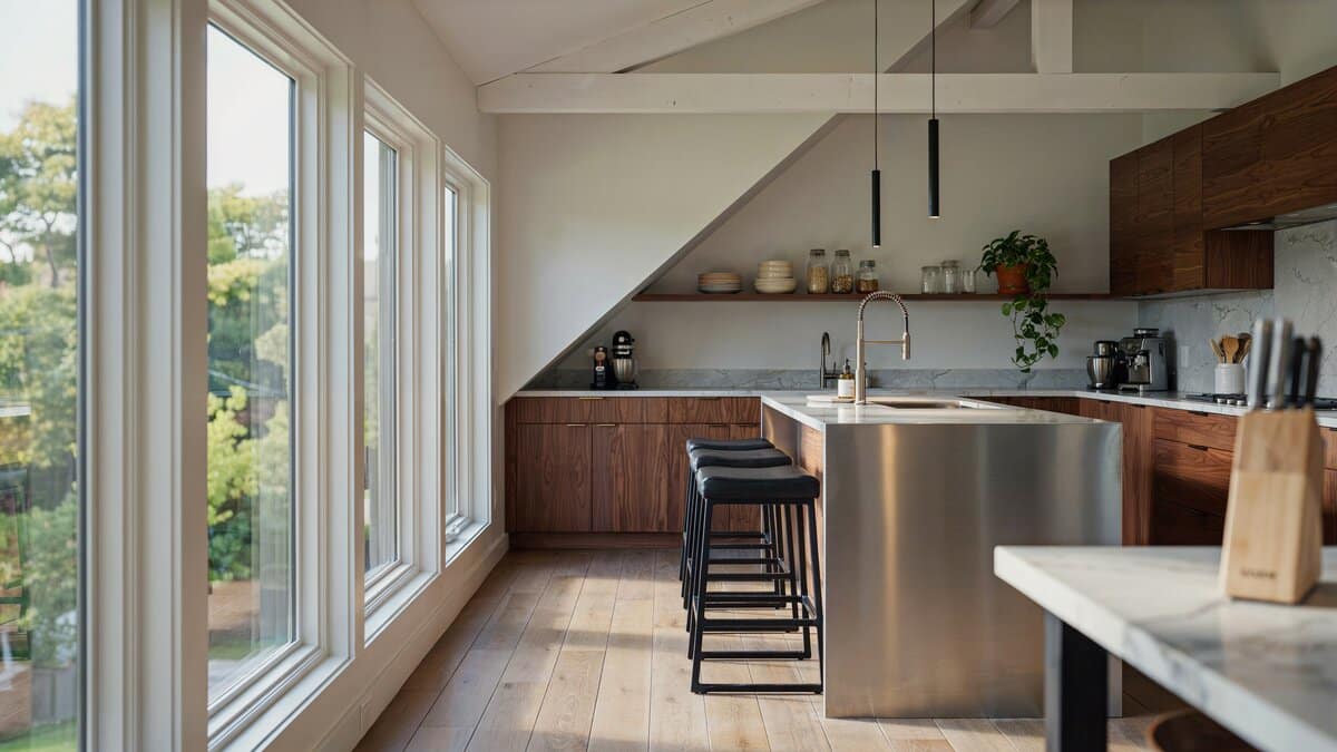 Stainless steel island with black stools beneath a sloped ceiling and tall windows