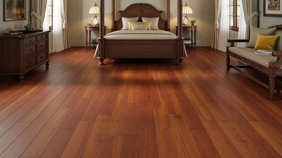 Luxurious bedroom with dark maple floors, heavy black-painted furniture, and a Persian area carpet