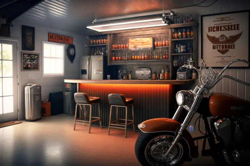 Garage bar with under counter neon lights and motorcycle