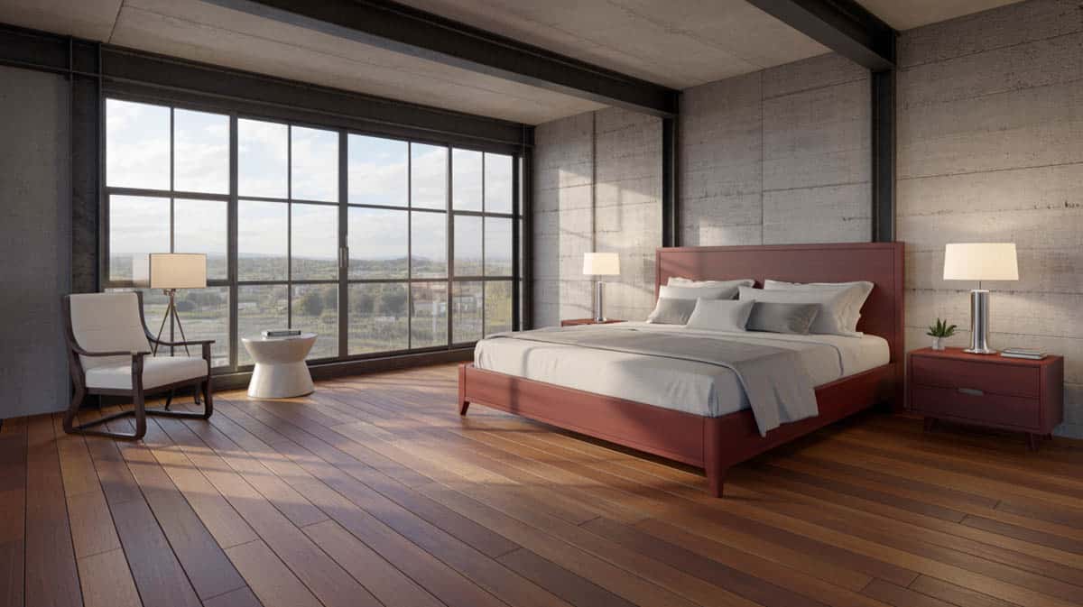 Minimalist beach cottage bedroom with warm oak plank floors and grey stone tile accent wall