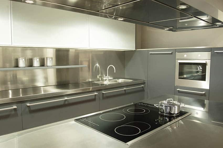 Modern kitchen with stainless steel countertops