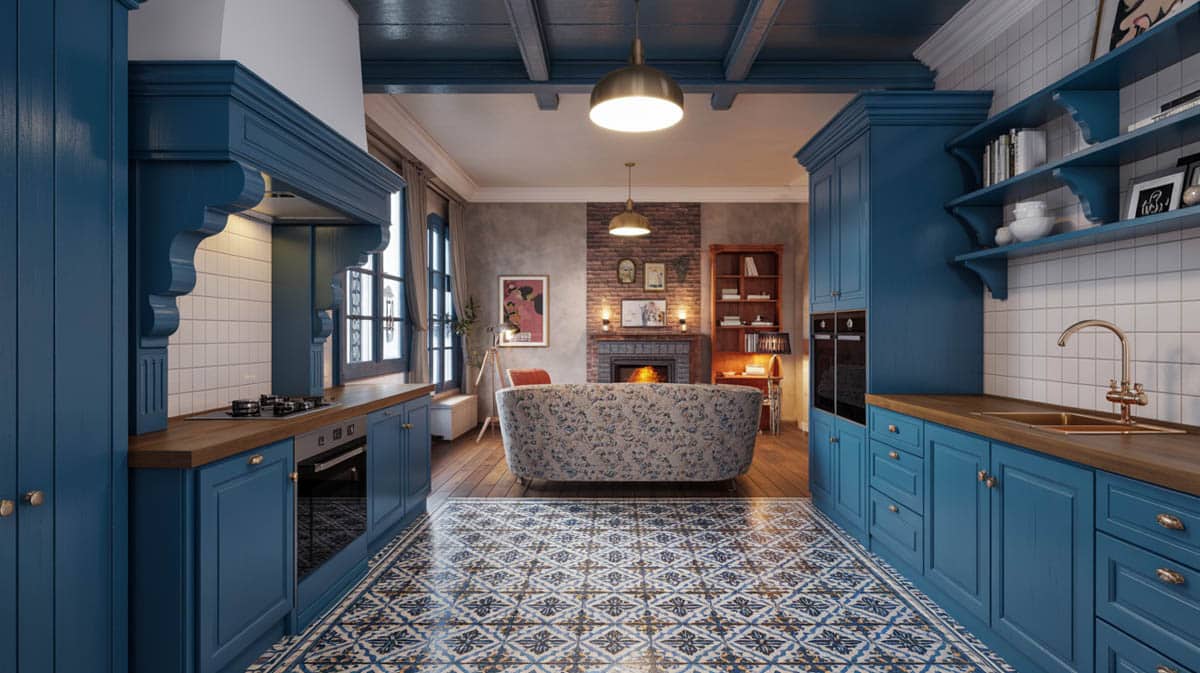 Eclectic kitchen with Moroccan tile floors, navy blue woodwork, and gold hardware