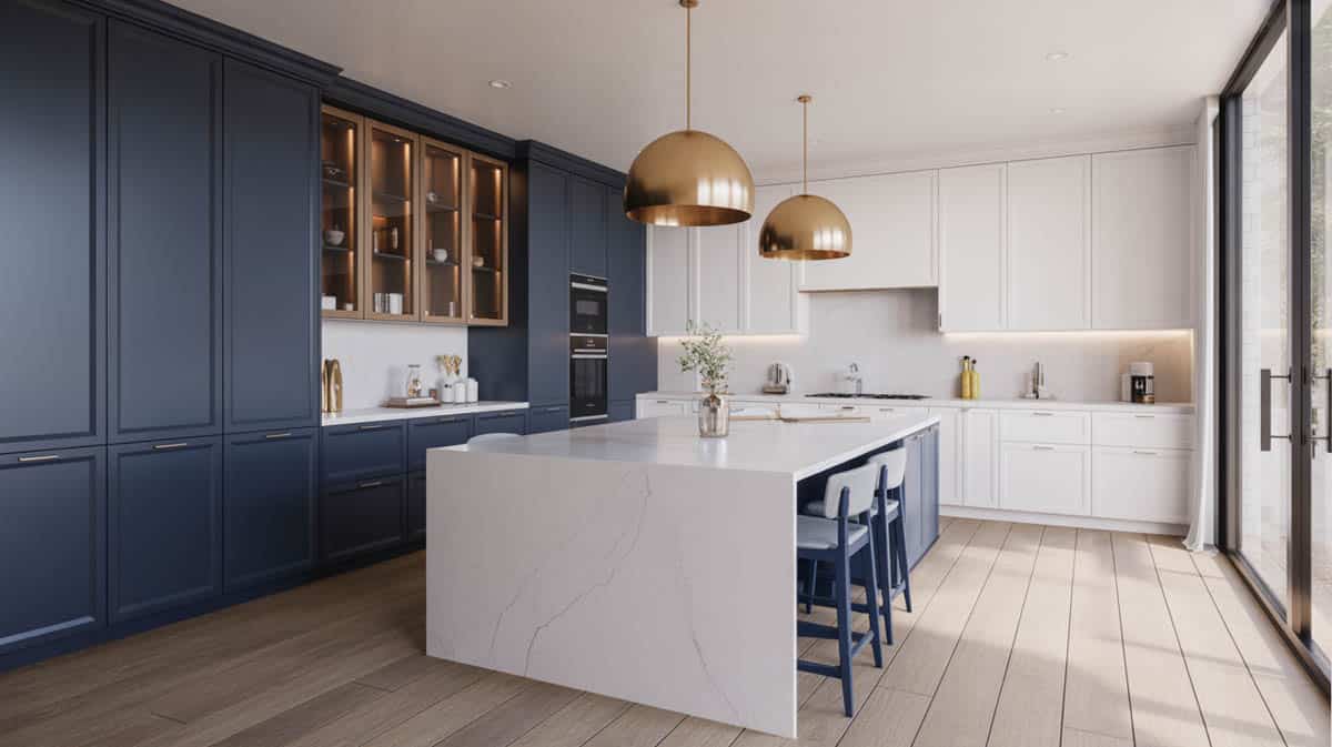 Contemporary kitchen with navy blue lower cabinets and Calacatta marble waterfall island