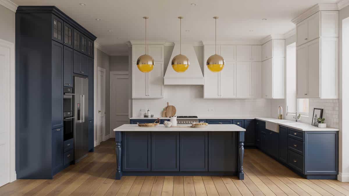 Navy blue lower cabinets with white uppers and yellow brass pendant lights