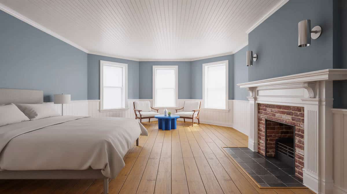 Plantation-style bedroom with dark walnut floors and a white painted carved four-poster bed