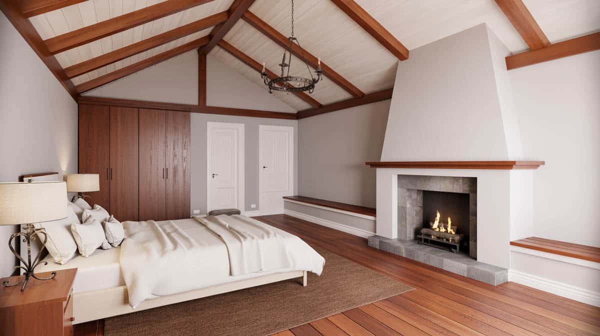 Bright primary suite with light maple hardwood floors, white French doors, and shiplap ceiling