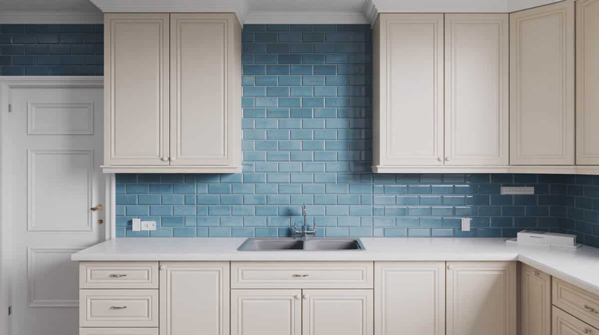 White kitchen with rectangular blue subway tile backsplash and double white sink