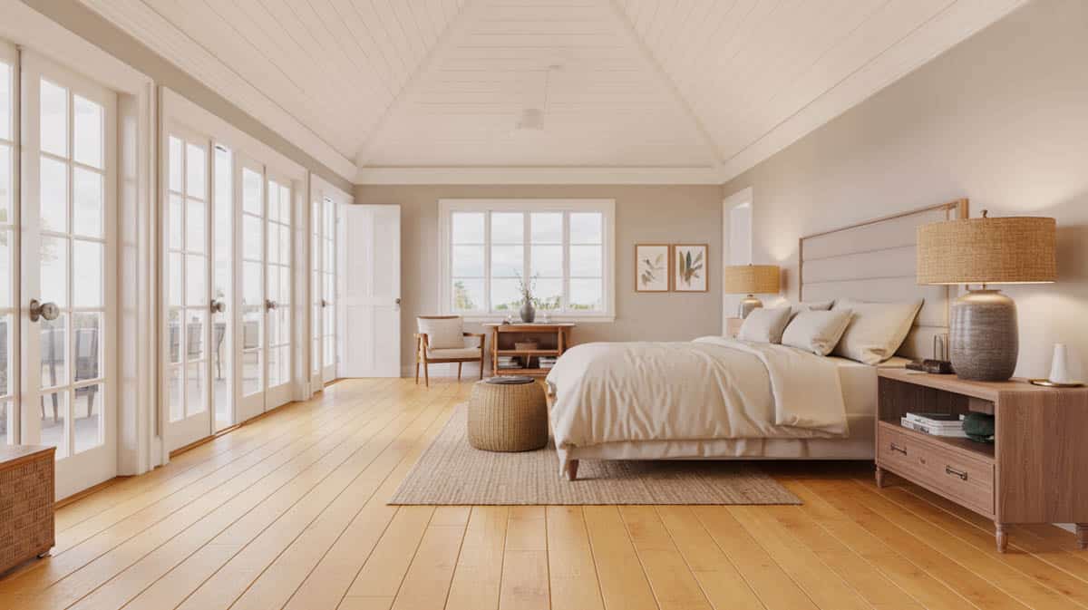 Rustic cottage bedroom with warm red oak strip flooring and exposed timber roof framing