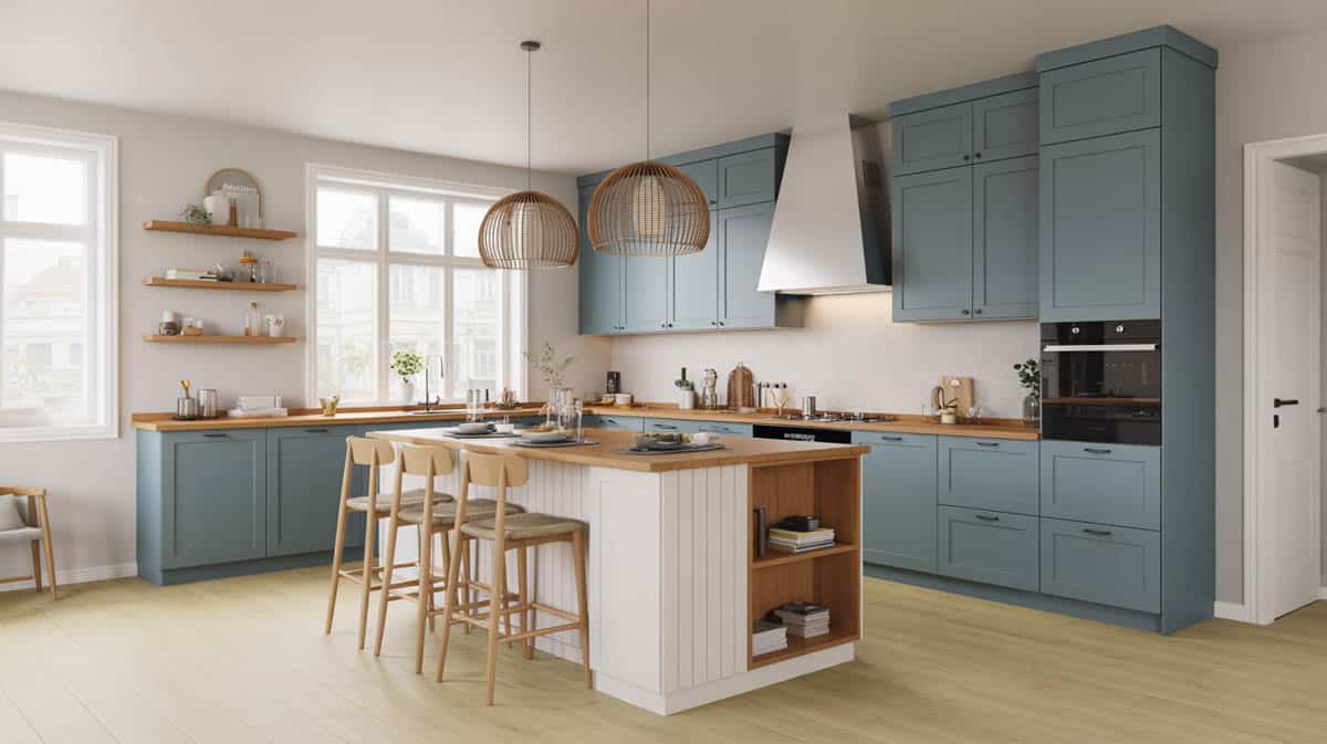 Scandinavian kitchen with dusty blue flat-panel cabinets and white oak island with open shelving
