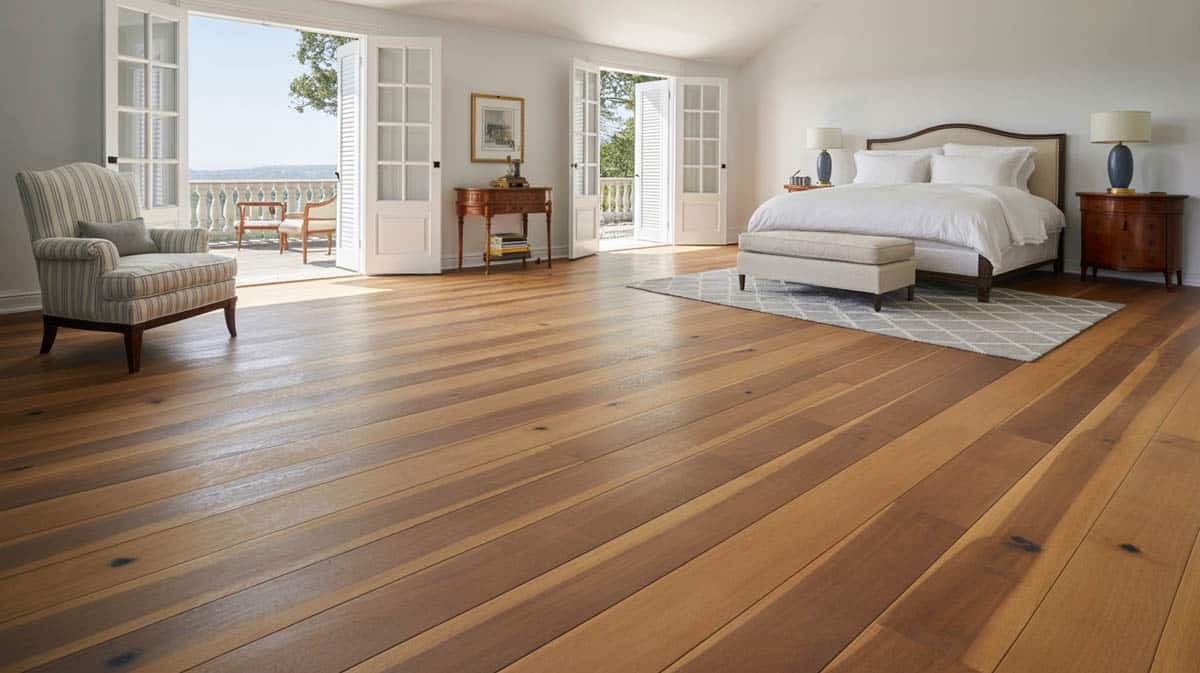 Grand Scandinavian master suite with pale grey wood floors and cove ceiling gold candelabra