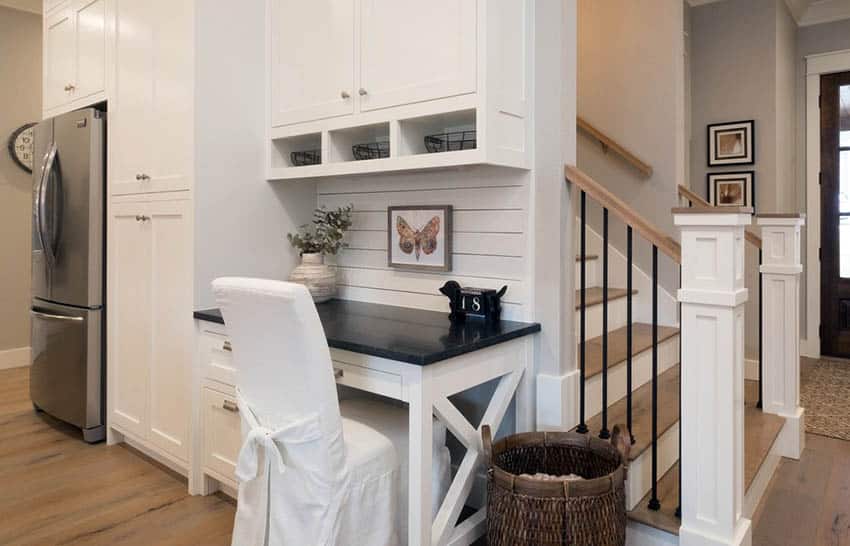 Kitchen with black quartz, shiplap office nook and built in desk