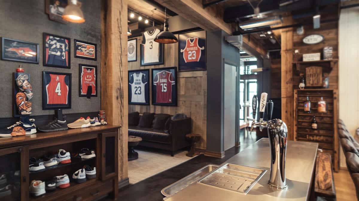 Sports basement with team jerseys and beer tap