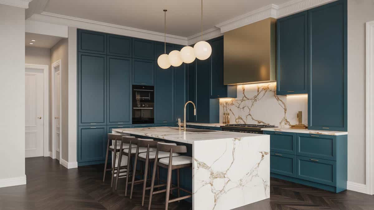 Luxury contemporary kitchen with deep teal cabinetry and oversized Calacatta gold marble island