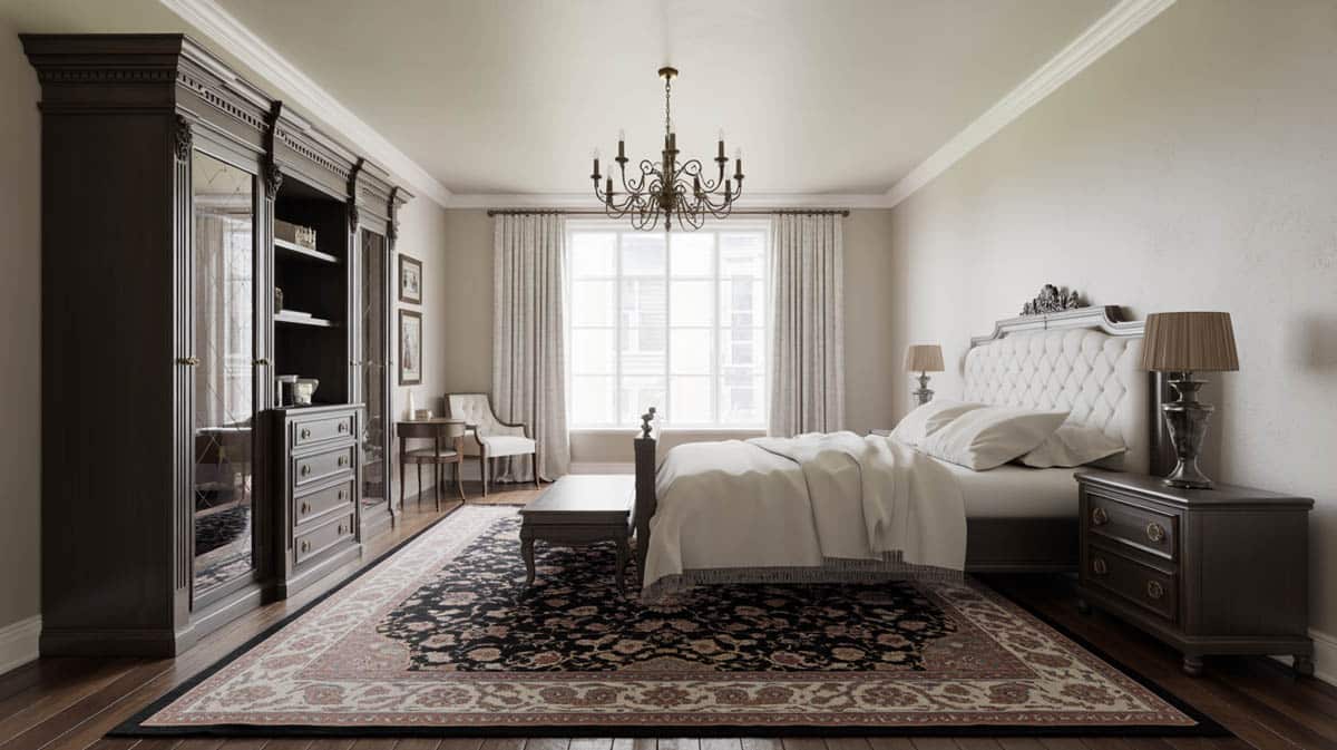 Traditional bedroom with warm red oak floors and a carved dark-stained four-poster bed