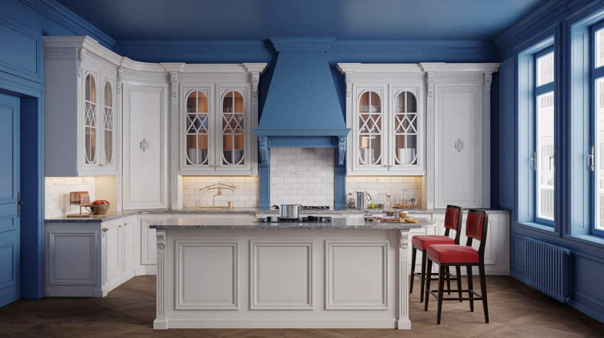 French provincial kitchen with Turkish blue walls, white cabinets, and red bar stools