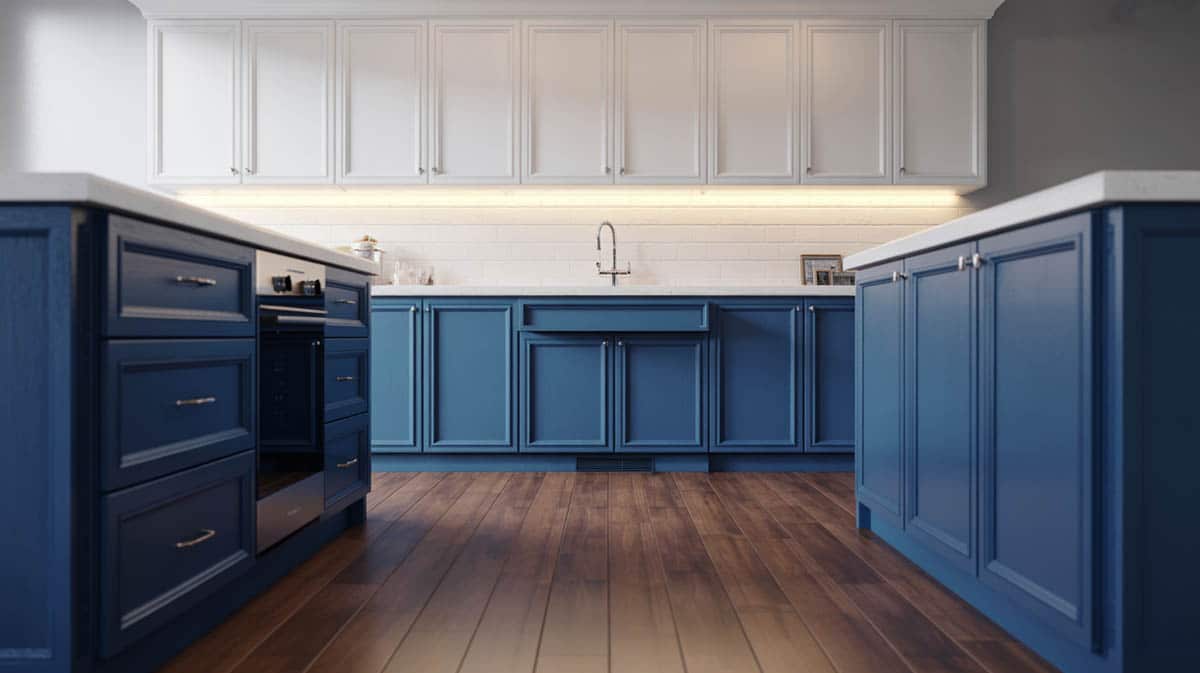 Two-tone kitchen with blue lower cabinets, white uppers, and walnut floors