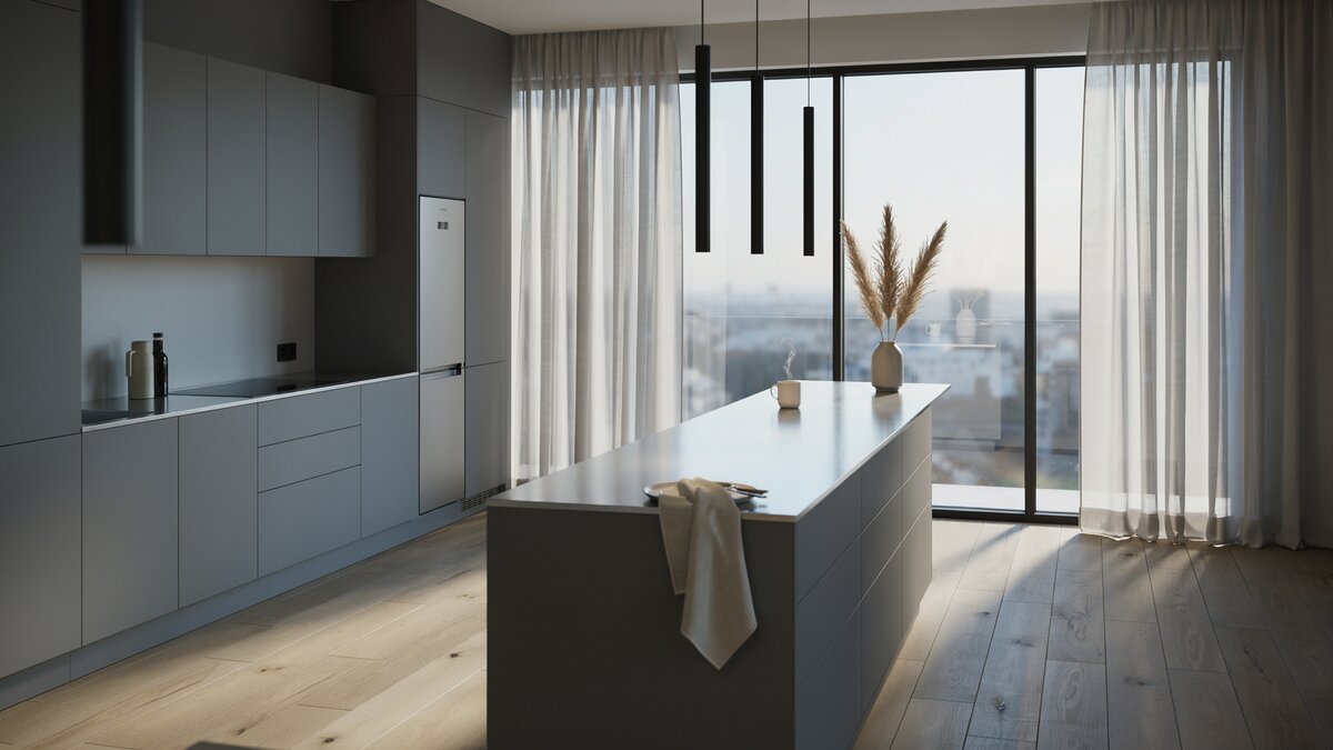 Gray handleless kitchen with a stainless topped island and slim black pendant lights