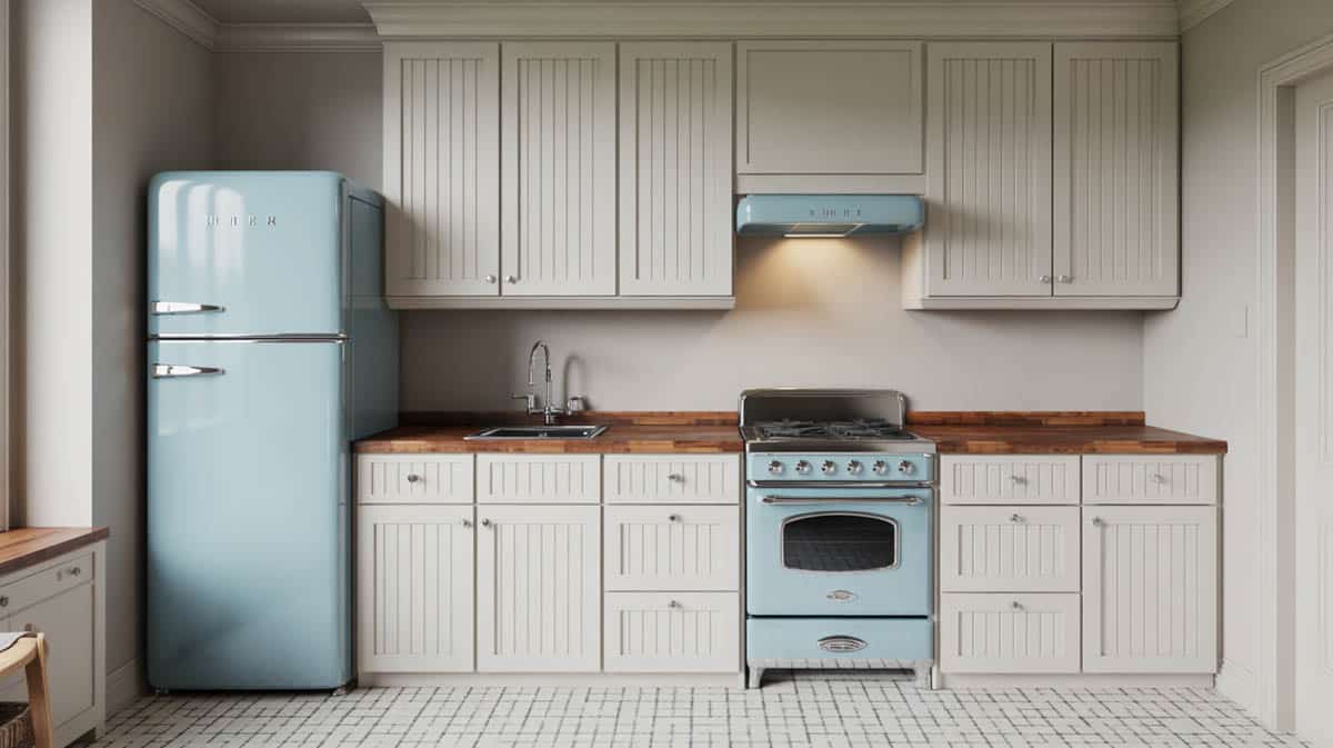 Small white beadboard kitchen with matching powder blue vintage appliances
