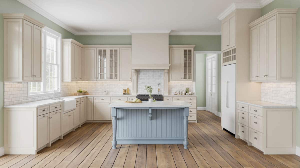 Coastal kitchen with white cabinets, baby blue island, and rustic oak floors
