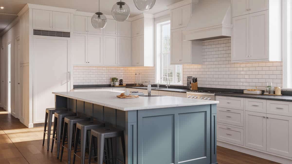 Transitional kitchen with white shaker cabinets and steel blue island base