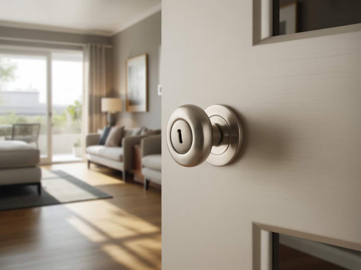 Brushed nickel passage knob on a white door with a sunny living room behind