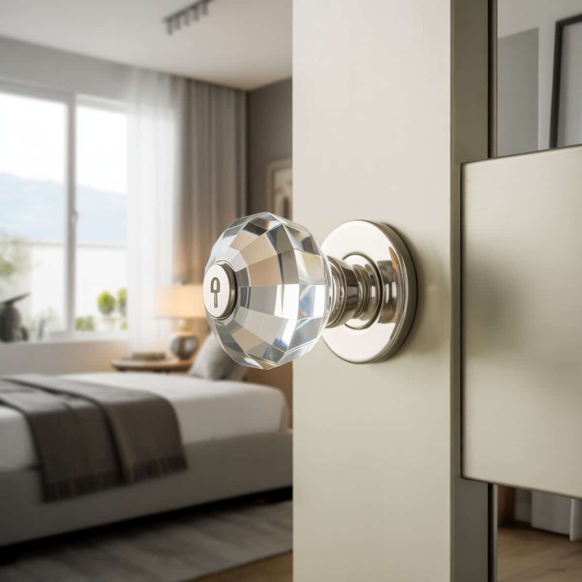Faceted crystal privacy dummy knob with chrome base on a bedroom door by bright window