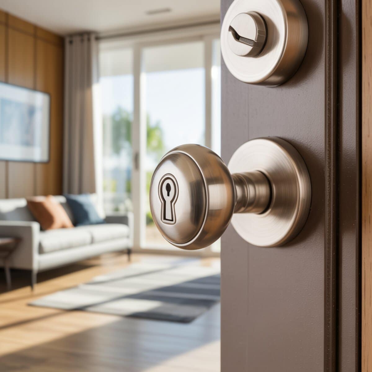 Brushed nickel keyed entry knob with keyhole and deadbolt on an entry door