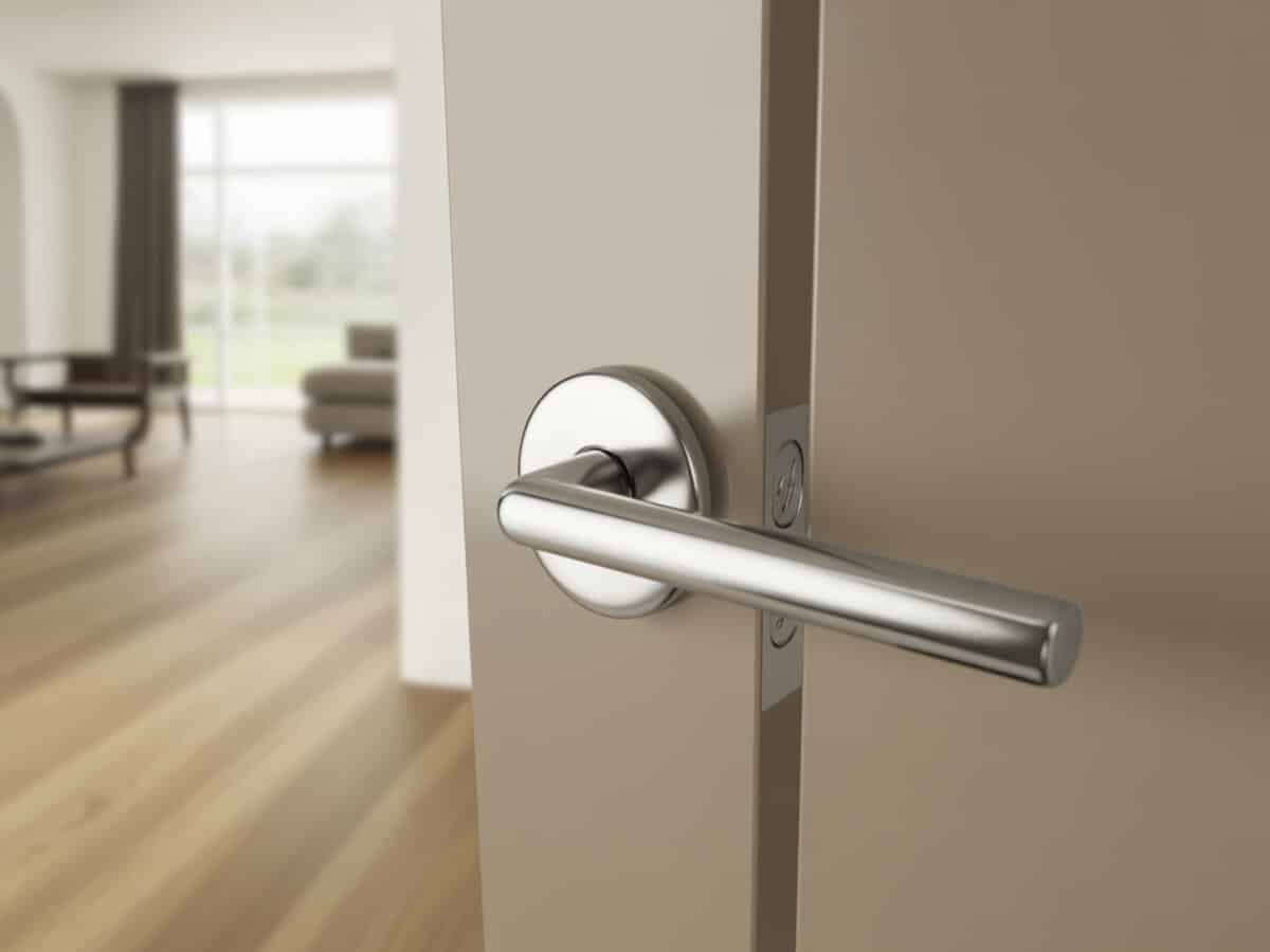 Polished stainless steel lever handle on a pale door overlooking a bright living room