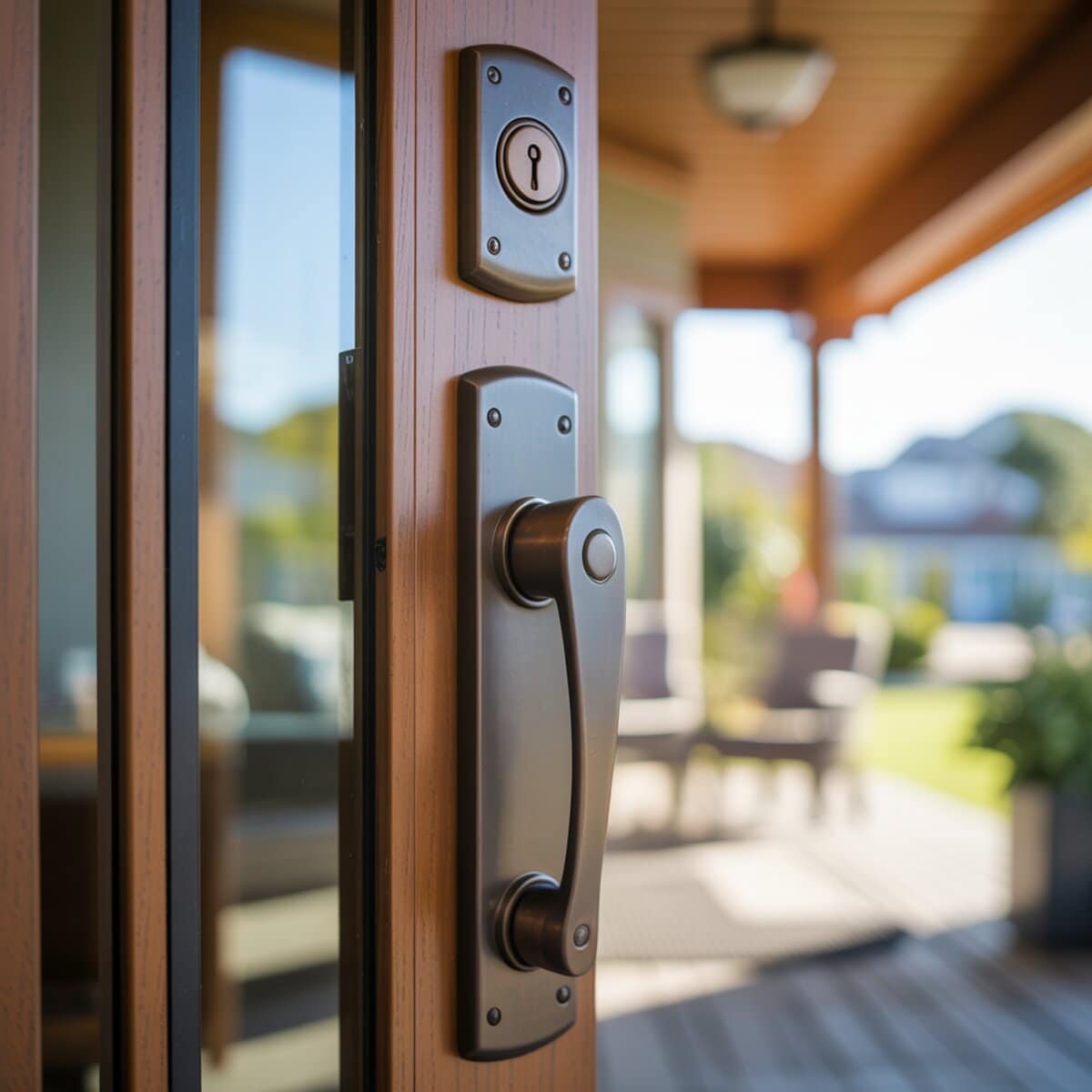 Bronze handle set with thumb latch and keyed deadbolt on a sunny porch door