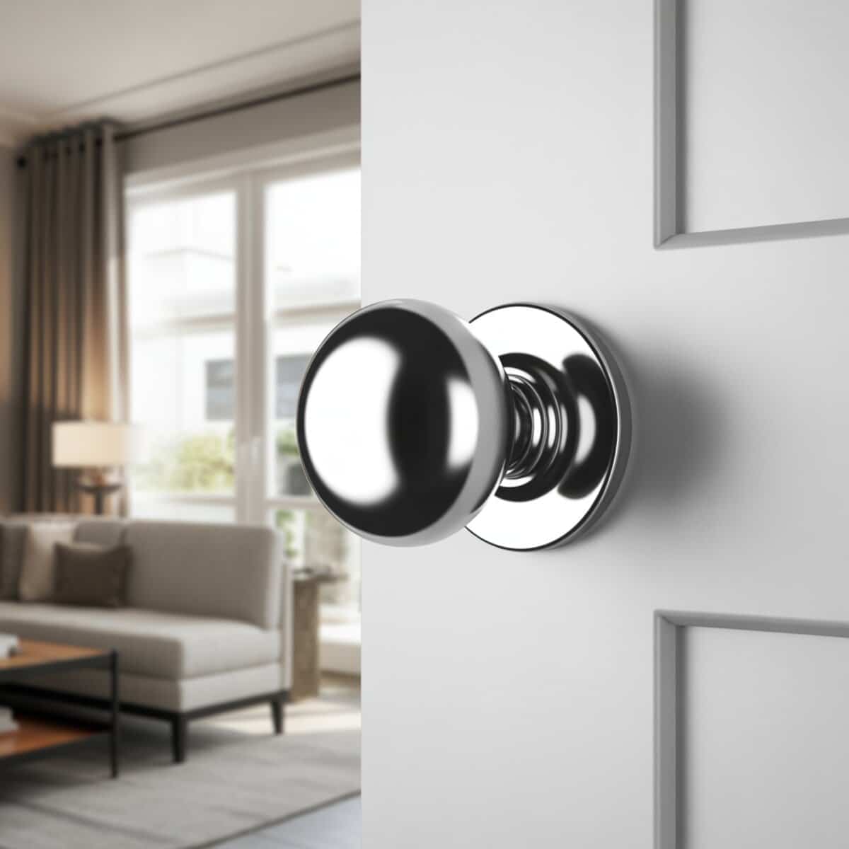 Classic round polished chrome ball knob on a white panel door with living room behind