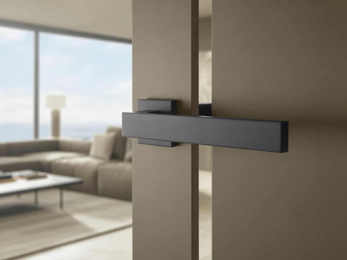 Sleek matte black square bar lever on a taupe door with ocean view living room