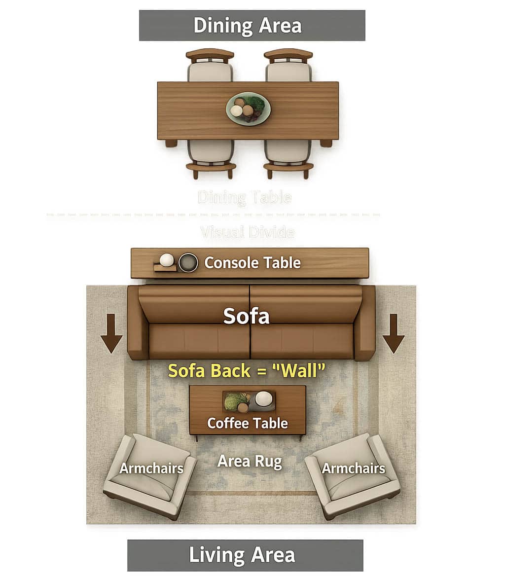 dining table and living area split design