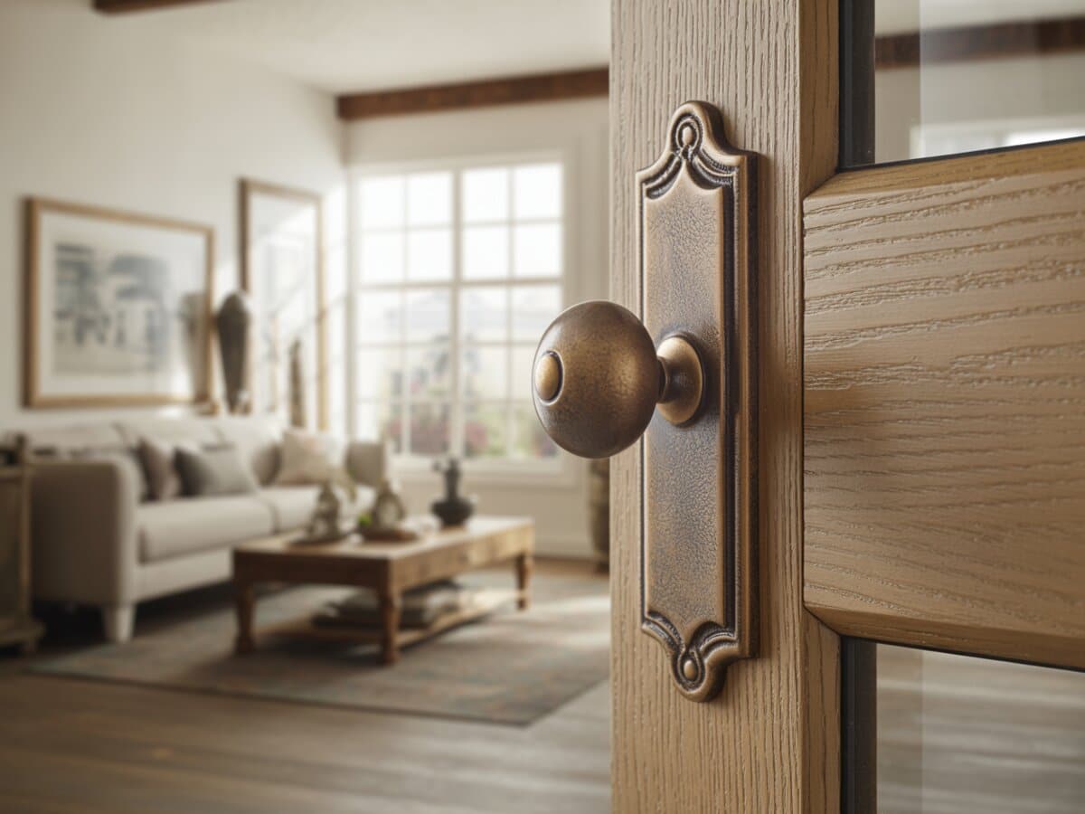 Aged bronze knob with ornate backplate on a rustic wood door near a cozy living room