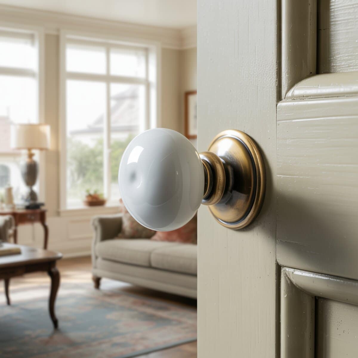 Glossy white porcelain knob with brass base on a painted door in a vintage sitting room