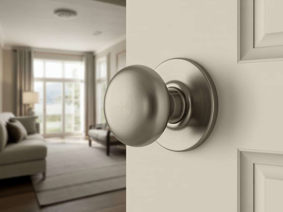 Brushed satin nickel round knob on a cream paneled door beside a bright sitting area