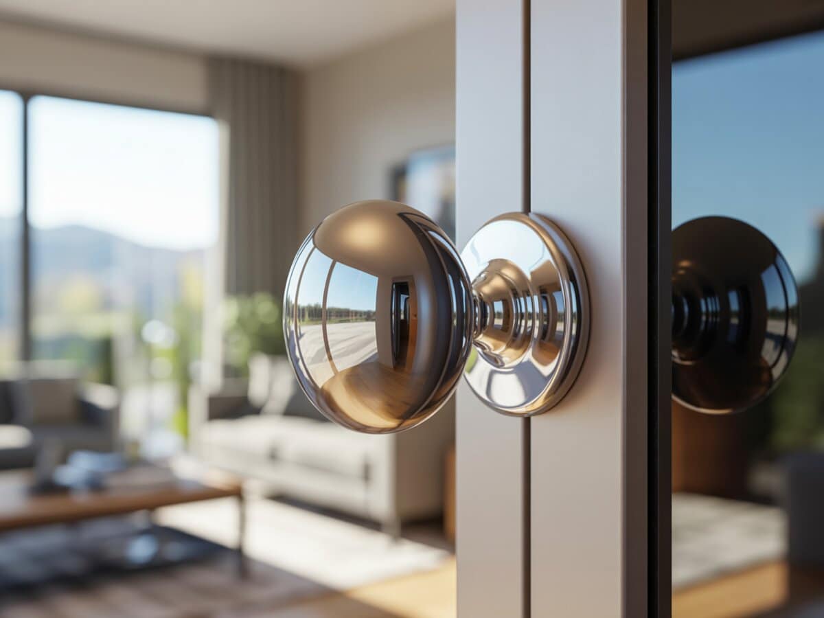 Highly reflective polished chrome knob on a white door catching sunny outdoor light