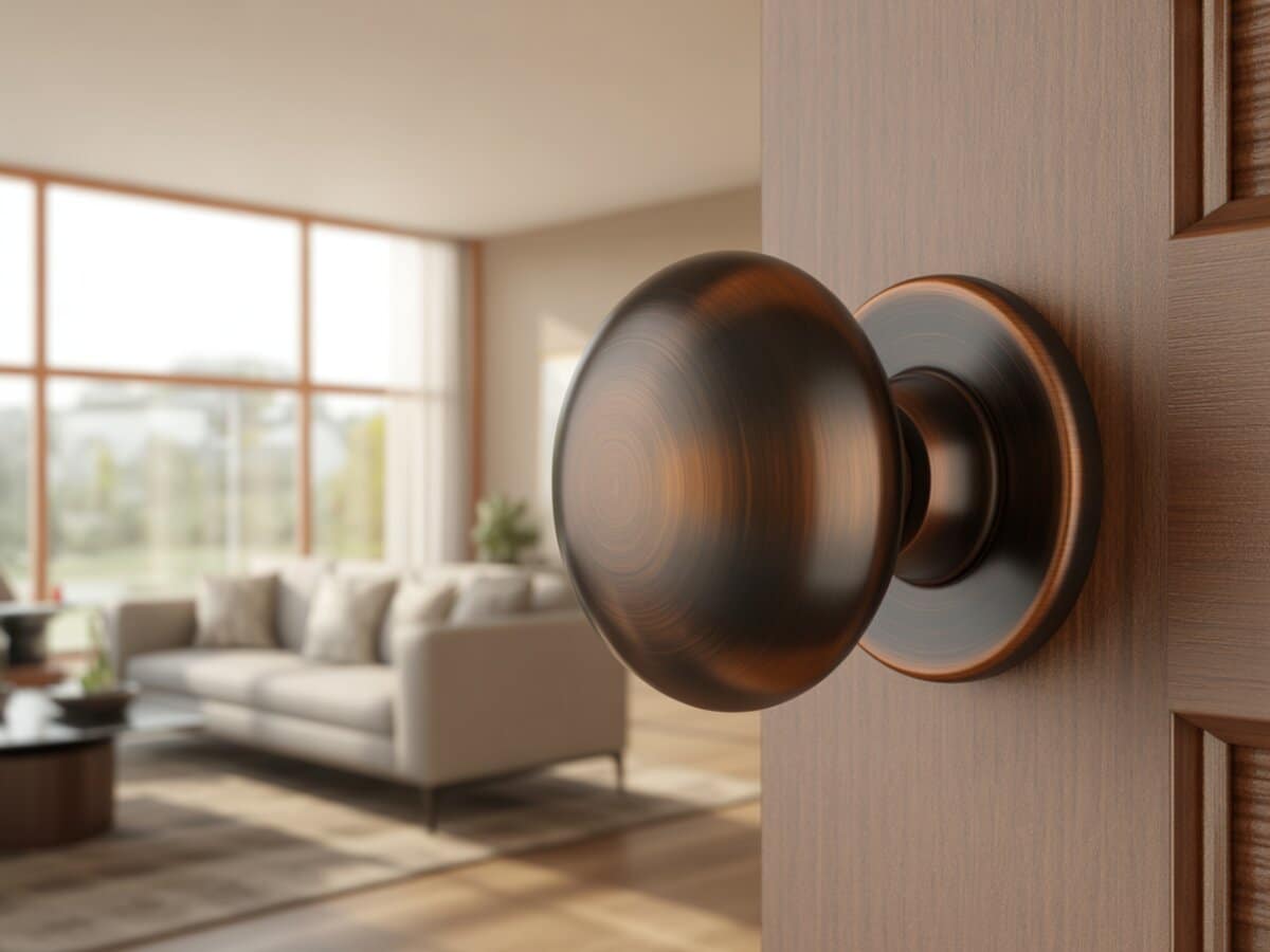 Dark oil rubbed bronze round knob on a wood door in a warm sunlit living room