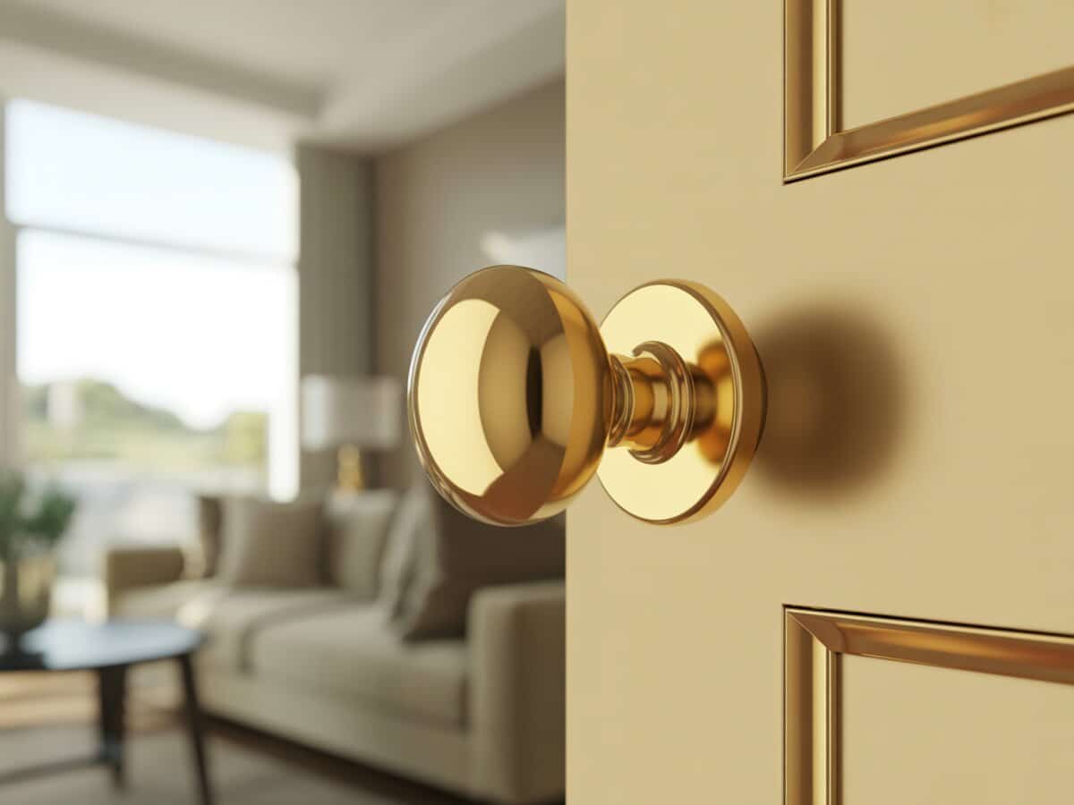 Bright polished brass ball knob on a cream door with gold trim and soft daylight