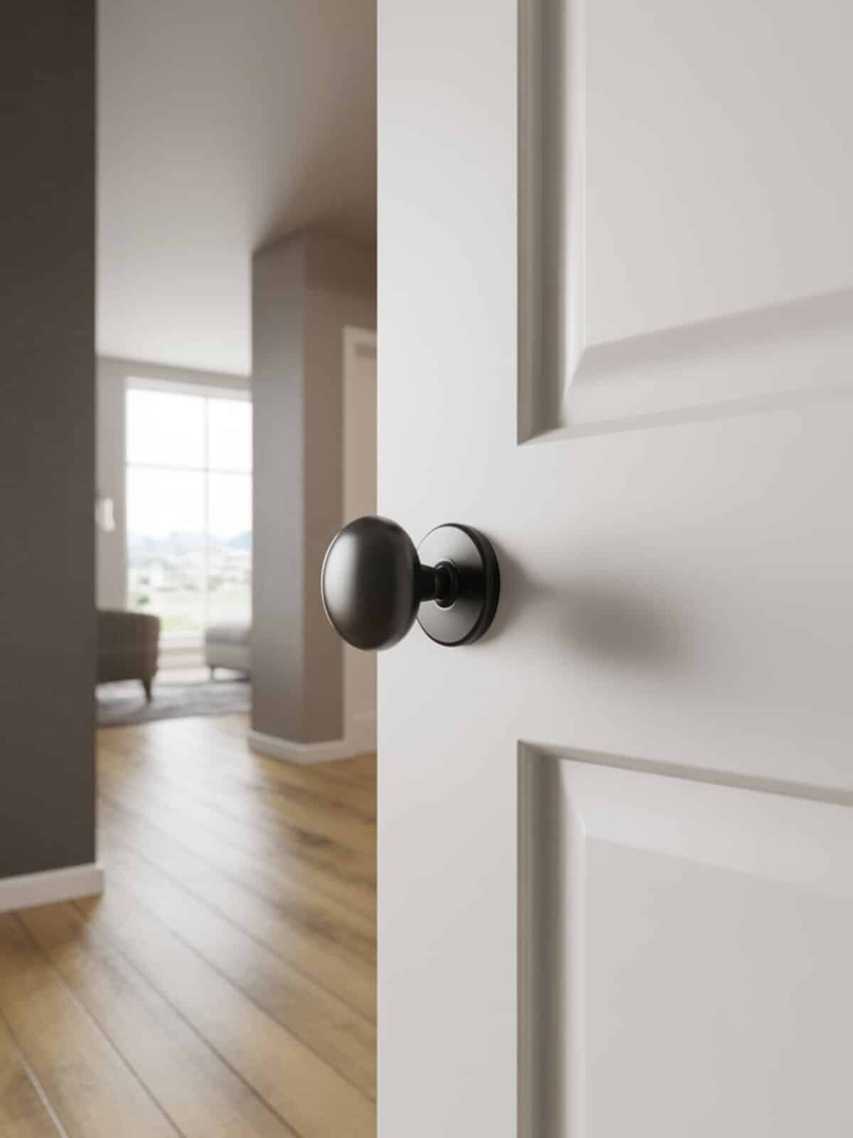 Matte black round knob on a crisp white panel door in a bright wood floored hallway